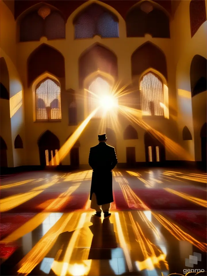 a man standing in a large room with sunlight coming through the windows