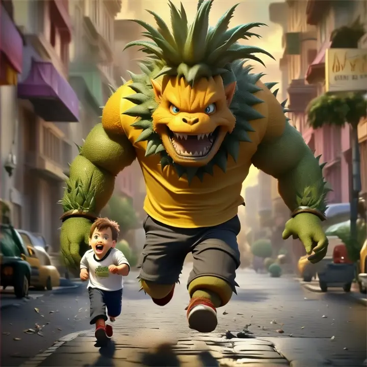 a little boy running away from giant monster, high detalization, 4k