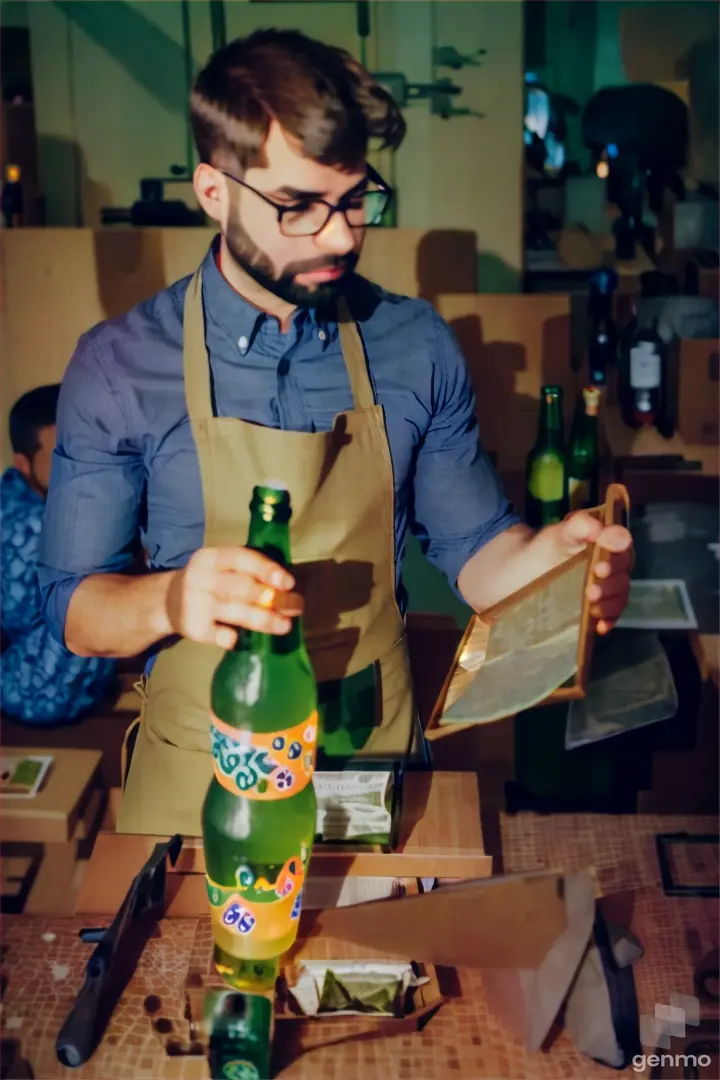 a man in an apron holding a bottle of beer