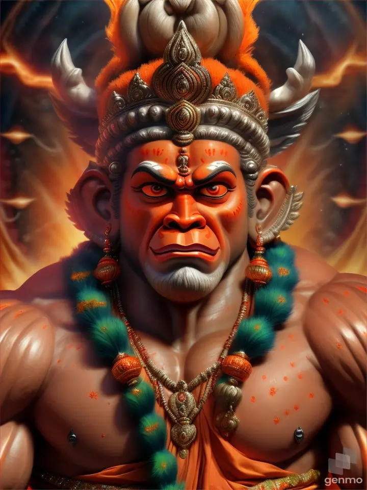 muscular shree hanuman with anger and wearing orange dress