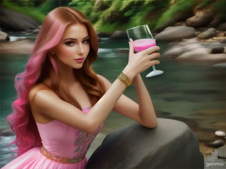 A beautiful women 2005s gorgeous long hair open pink lips black eyes pink cheek big breast old in hand a protein shake glass sit on rock