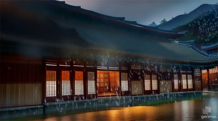 A traditional Korean hanok is shown under the lights at night. Note the wooden eaves and dark ceiling in the foreground, and the gravel path and stepping stones leading up to the entrance of the house, which is surrounded by well-maintained shrubs and trees. To the right of the garden, you can see several traditional Korean jangdokdae (ongi). The hanok has sliding doors, white walls, and a dark tiled roof, with warm light coming from inside. The sky is dark, with no moon or stars visible.It is raining heavily and in a cinematic style