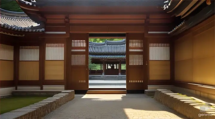 A traditional Korean hanok is shown under the lights at night. Note the wooden eaves and dark ceiling in the foreground, and the gravel path and stepping stones leading up to the entrance of the house, which is surrounded by well-maintained shrubs and trees. To the right of the garden, you can see several traditional Korean jangdokdae (ongi). The hanok has sliding doors, white walls, and a dark tiled roof, with warm light coming from inside. The sky is dark, with no moon or stars visible.styleIt rains a lot.The style is cinematic