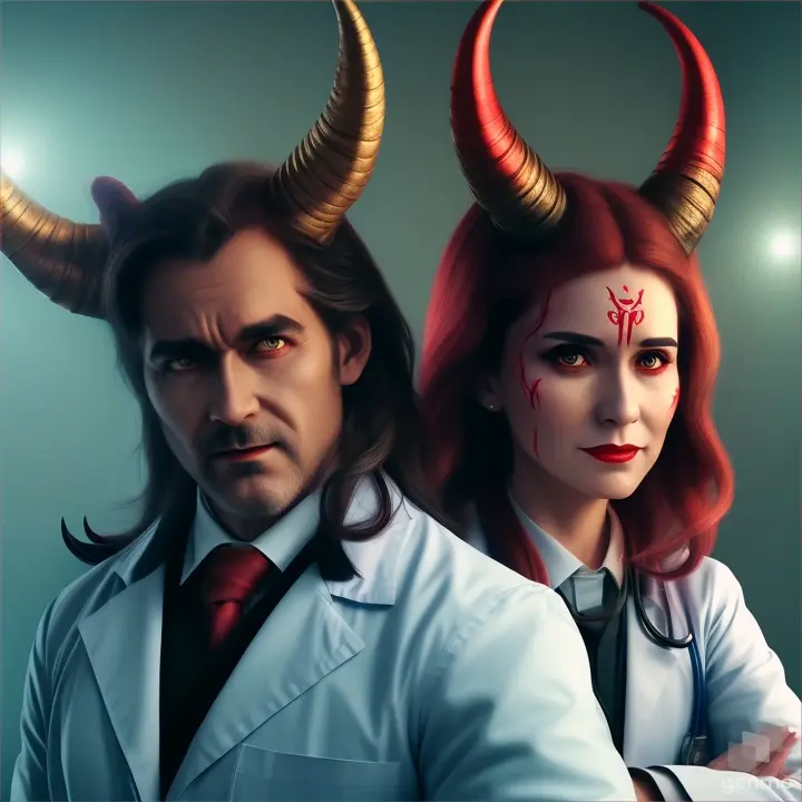 a couple of demon doctors with horns on their heads