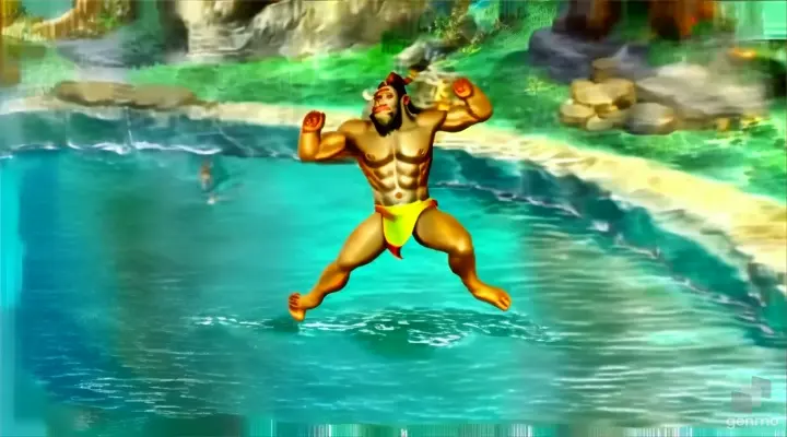 a hanuman jumping into a pool of water