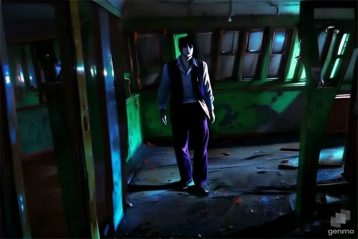 a man standing in a dark room with a creepy look on his face