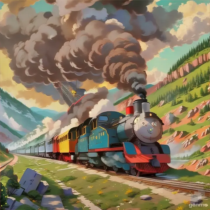 a painting of a train coming down the tracks