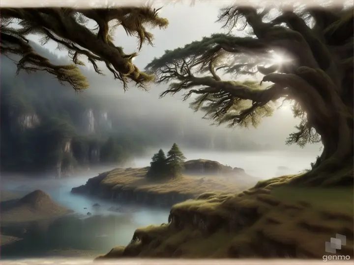 An ancient tree overlooking a foggy mountain river