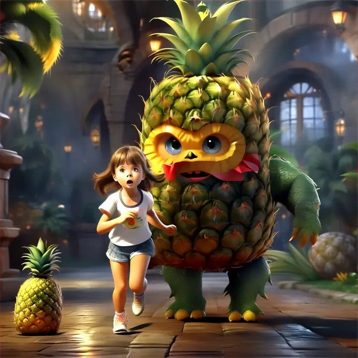 a little girl running away from giant pineapple-monster, high detalization, 4k