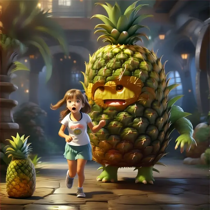 a little girl running away from giant pineapple-monster, high detalization, 4k