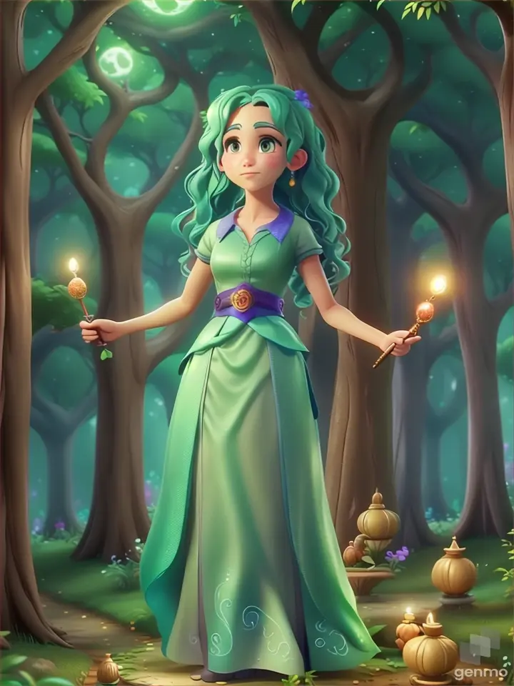 a girl in a green dress holding a candle