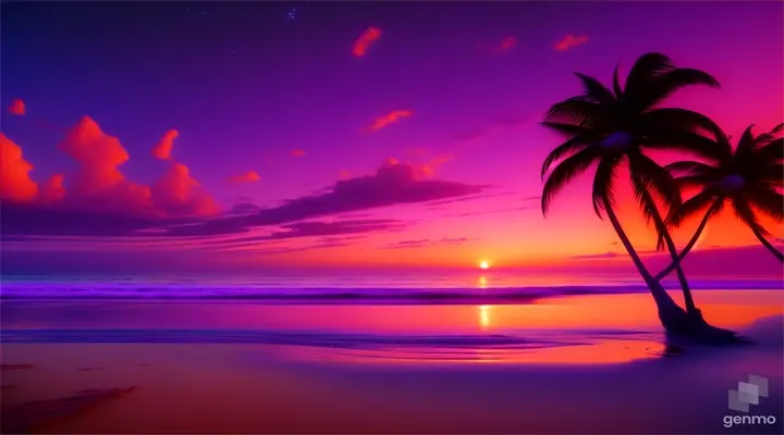 Otherworldly sunset on a beach with purple sand, surreal beauty, digital art