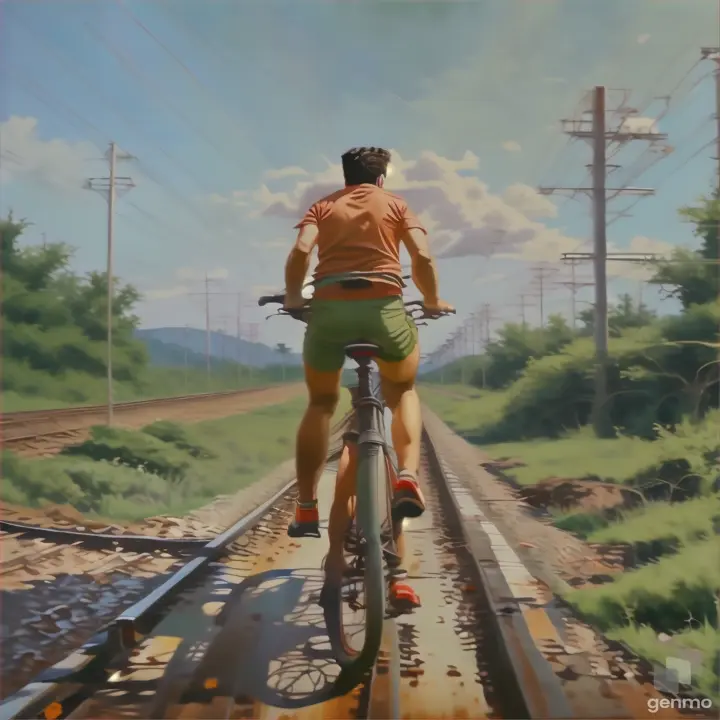 a man riding a bike down a train track