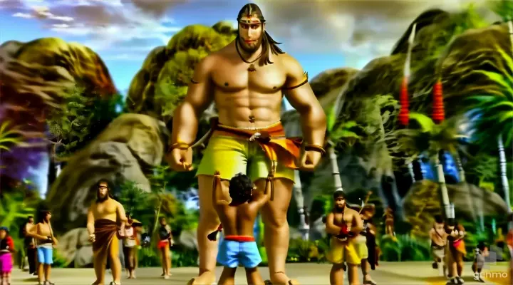 a group of people standing in front of a giant man with a monkey face and tail