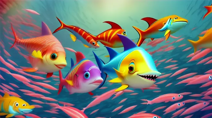 3. A school of colorful fish swimming alongside the baby shark;;;;;;;;;CARTOON,  CARICATURE EXTREME FUN   EXTRAVAGANT,LUXURY, STLIZED,SHOT MACRO,8K, 3D 
