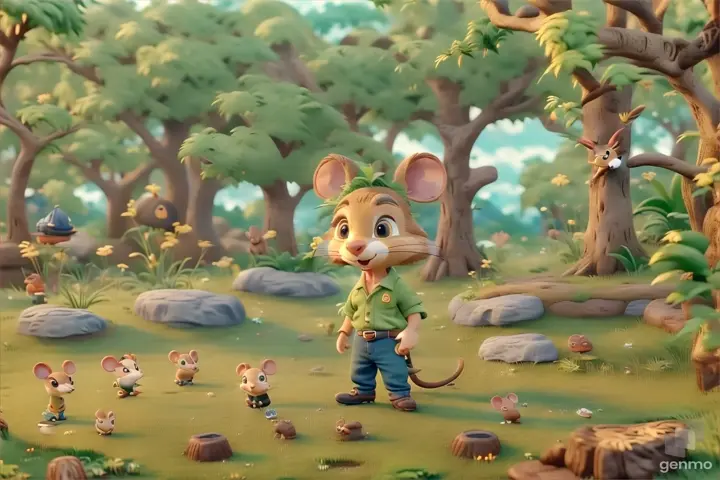 Milo, a diminutive mouse with an adventurous spirit, scampers along the edge of a lush meadow, his tiny form barely visible against the backdrop of greenery.
