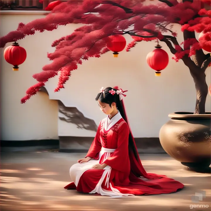 a woman in a red and white dress sitting in front of a tree
