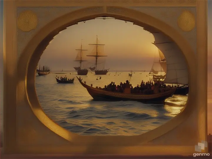 /imagine prompt: Show a war between Safavid Iran and Portuguese in the year 1500. The war took place in Bandar Abbas, Iran, and at sea with ships :: dusk::3.3 natural lighting::3.4 dslr::3 bronze::3.3 cotton::3.2 fabric::3.6 gold::3.4 leather::3.5 skin::3.7 wooden::3.6 yarn::3.7 --no Religous People and Mosque, showing shah Abbas too big