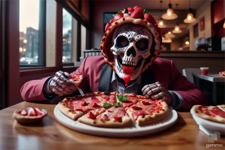 a man in a skeleton mask eating a pizza. His eyes are sparkling. Strawberry juice flows down like blood. All in bright neon lights