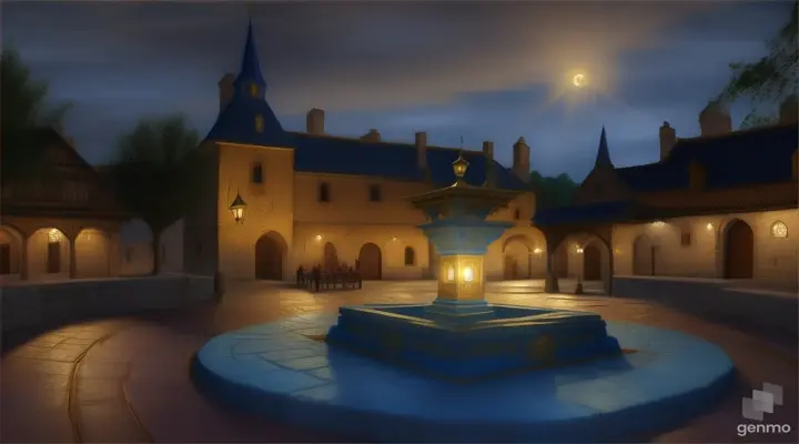Borgo medievale, anno 1300, piazza del paese, pozzo al centro della piazza, alfiere vestito di blu e oro dorme sopra il pozzo, notte, fantasy