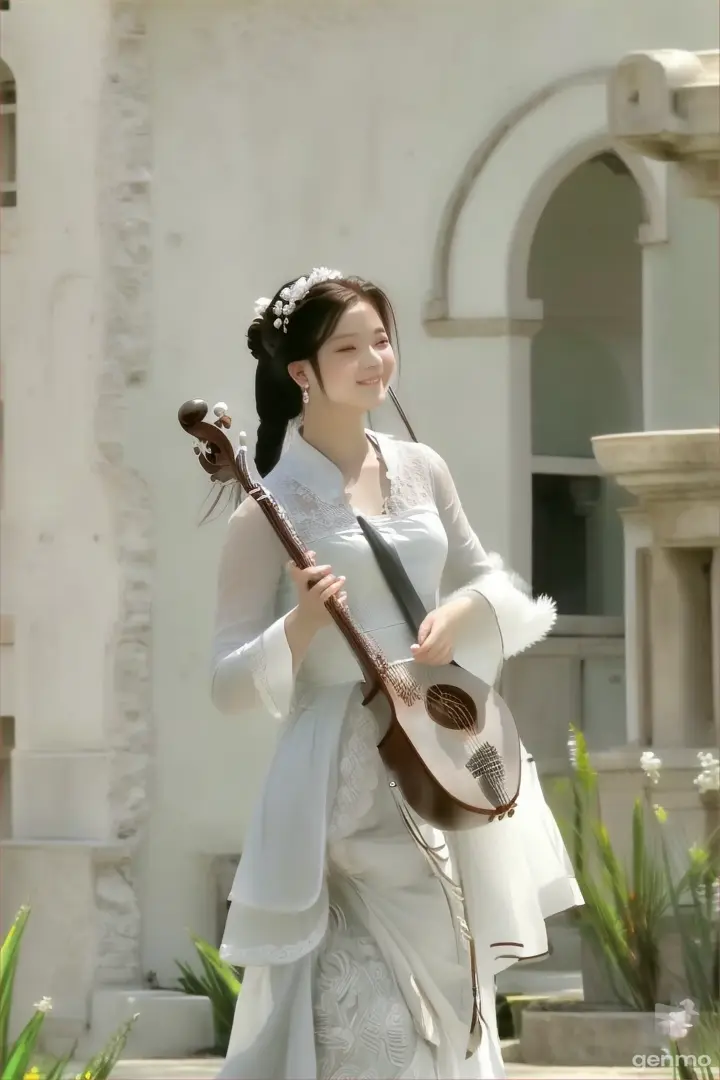 a woman in a white dress holding a musical instrument