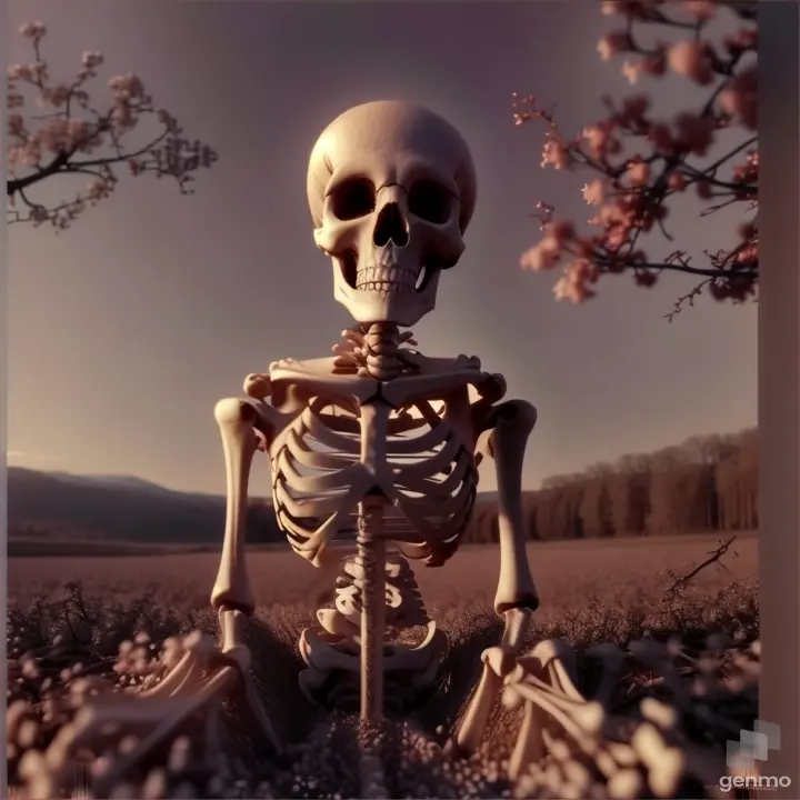 a skeleton sitting in the middle of a cherry tree forest melting in time 