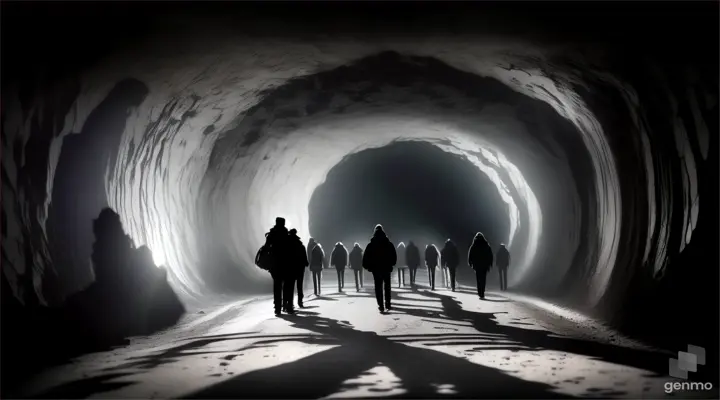 a group of people walking through a surreal dark tunnel, magic bokeh