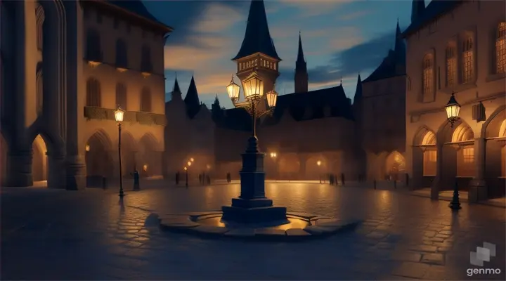 Borgo medievale, anno 1300, piazza del paese, pozzo al centro della piazza, alfiere in primo piano vestito di blu e oro dorme sopra il pozzo, notte, fantasy