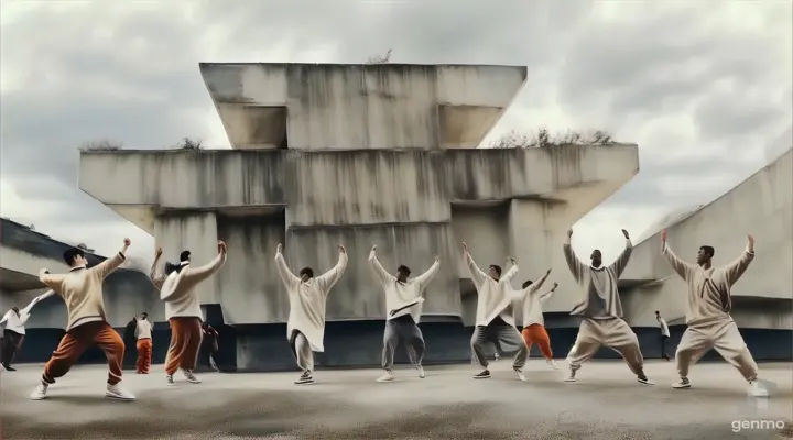 a group of men dancing techno music in the air in front of a building