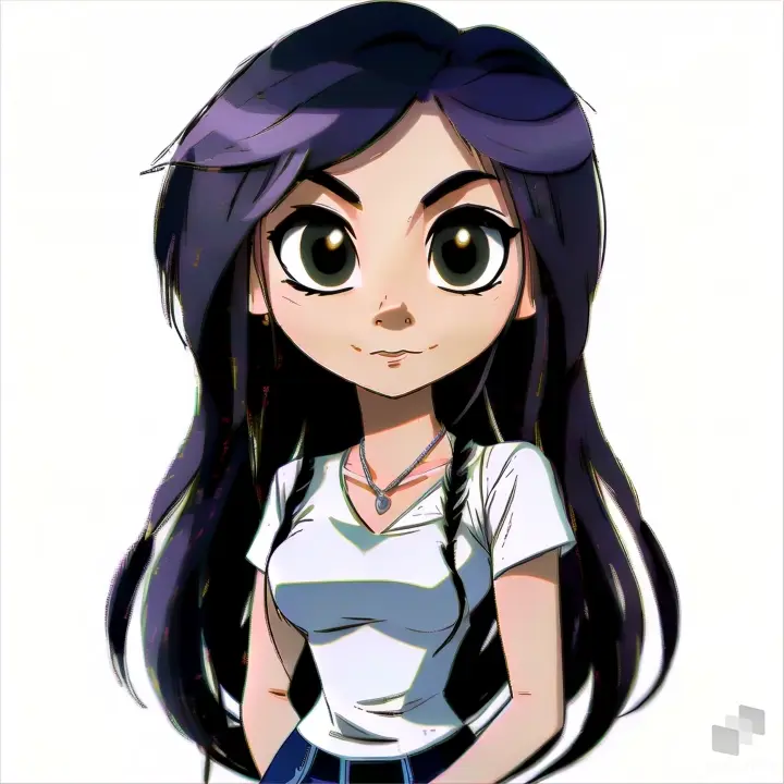 a cartoon girl with long black hair and big eyes that move her mouth 