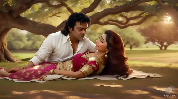 Soft, melodic music begins to play in the background as the young actor Bobby Deol and actress Madhuri Dixit finds a quiet spot beneath a sprawling oak tree. They sit down, leaning against its sturdy trunk, and gaze into each other's eyes
