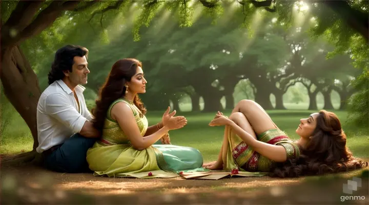 Soft, melodic music begins to play in the background as the young actor Bobby Deol and actress Madhuri Dixit finds a quiet spot beneath a sprawling oak tree. They sit down, leaning against its sturdy trunk, and gaze into each other's eyes