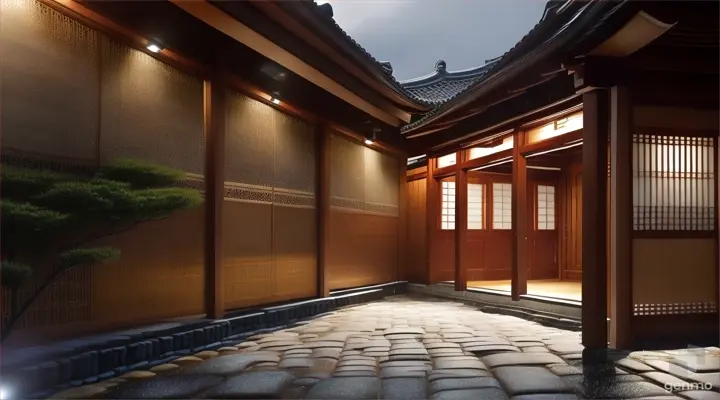 A traditional Korean hanok is shown under the lights at night. Note the wooden eaves and dark ceiling in the foreground, and the gravel path and stepping stones leading up to the entrance of the house, which is surrounded by well-maintained shrubs and trees. To the right of the garden, you can see several traditional Korean jangdokdae (ongi). The hanok has sliding doors, white walls, and a dark tiled roof, with warm light coming from inside. The sky is dark, with no moon or stars visible.styleIt rains a lot.The style is cinematic