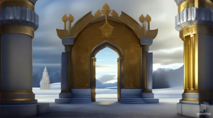 Nether portal, clouds heaven, heaven gates, pillars, gold, silver armor, family crest, ice, arabic 