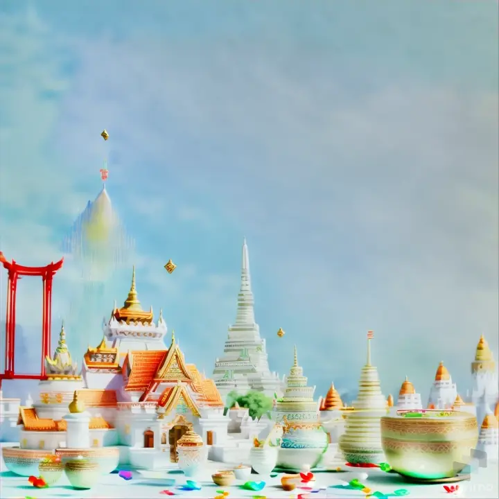 A joyful Songkran celebration in a dreamlike watercolor world, with vivid splashes of color and playful water droplets