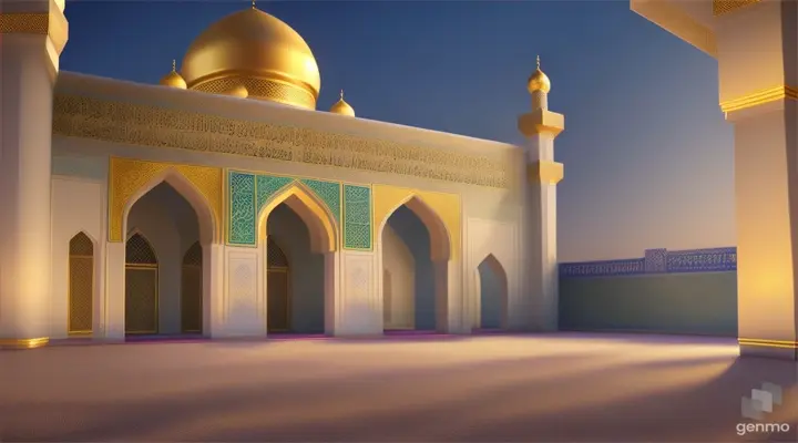 Generate a portrait realistic animation celebrating Eid-Al-Fitr featuring a serene mosque backdrop in (soft base colors). Capture the essence of the joyous celebration in a moving visual representation.(no watermark, no text), Best Quality, masterpiece, art of work