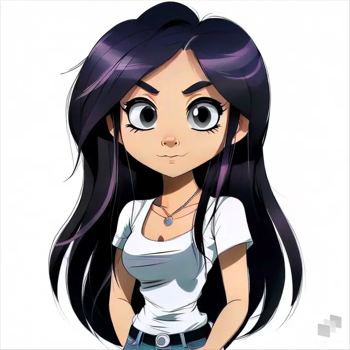 a cartoon girl with long black hair and big eyes