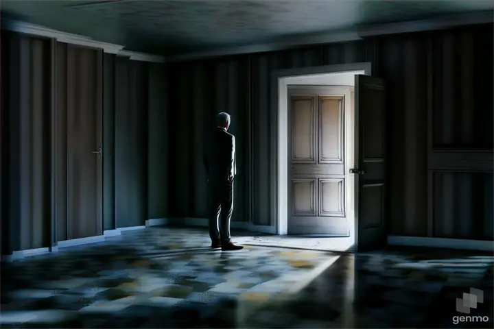 a man standing in an empty room with a door open