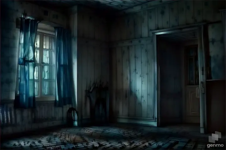 a dark room with a door and window