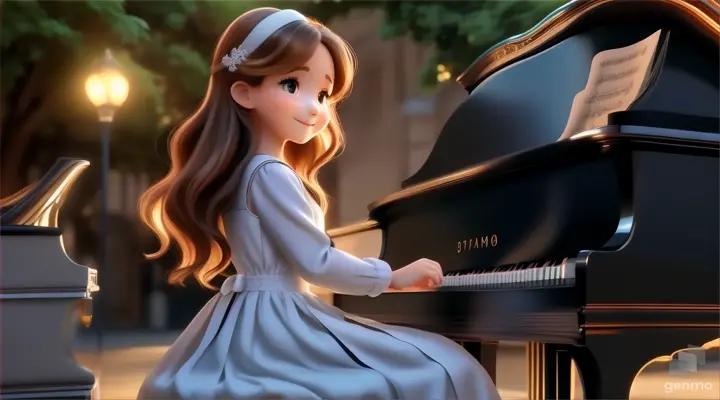 a girl in a white dress sitting at a piano