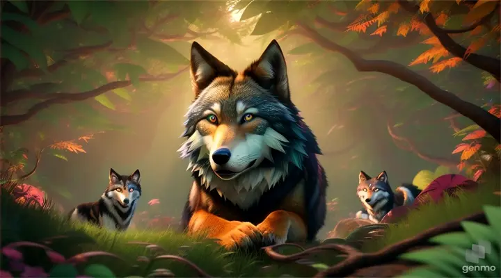 /imagine prompt: 3D animation, personality: [Illustrate Uplifting Cartoon characters engaging in fun activities An image of a wolf ensnared in a hunter's trap, surrounded by dense jungle foliage. It should feel otherworldly and magical.] unreal engine, hyper real --q 2 --v 5.2 --ar 16:9