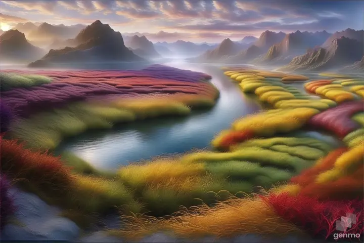 a painting of a river surrounded by mountains