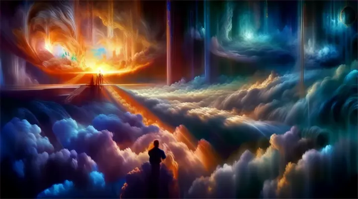 a painting of a man standing in the middle of clouds