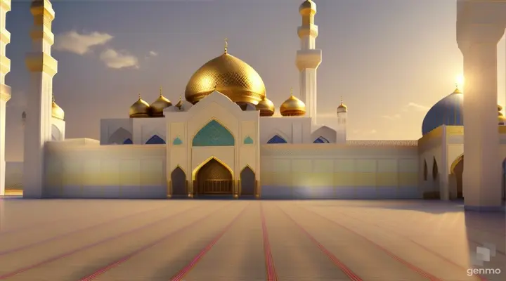 Generate a portrait realistic animation celebrating Eid-Al-Fitr featuring a serene mosque backdrop in (soft base colors). Capture the essence of the joyous celebration in a moving visual representation.(no watermark, no text), Best Quality, masterpiece, art of work