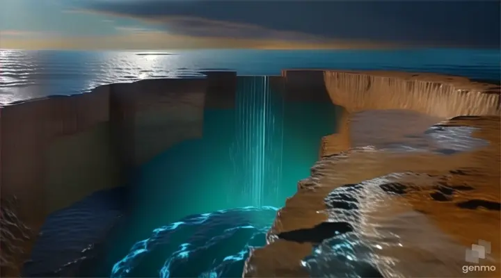 A digital rendering showcasing the discovery of a vast subterranean aquifer beneath the Earth's surface, with a network of interconnected water chambers stretching across the depths of the planet, three times larger than all of the Earth's oceans combined.