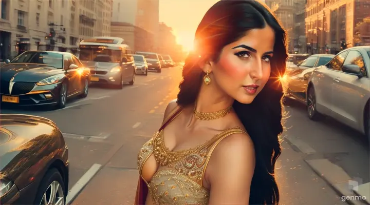 Katrina Kaif walking through a cityscape at golden hour with the sun setting behind skyscrapers