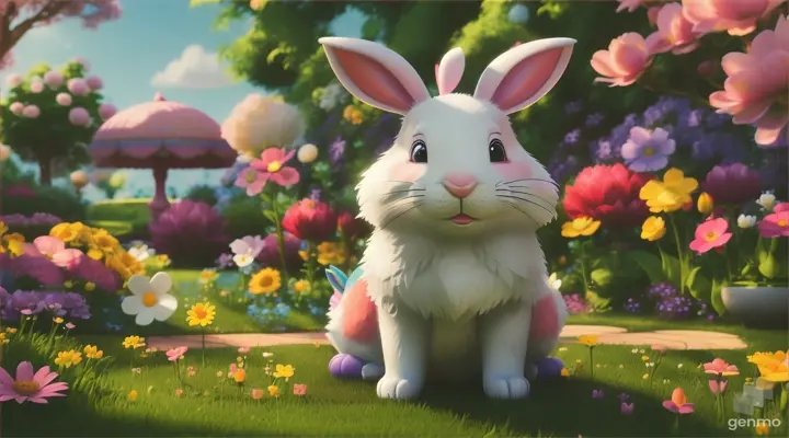 a cartoon rabbit sitting in a beautiful garden, 3d, kids friendly, 4k, vibrant