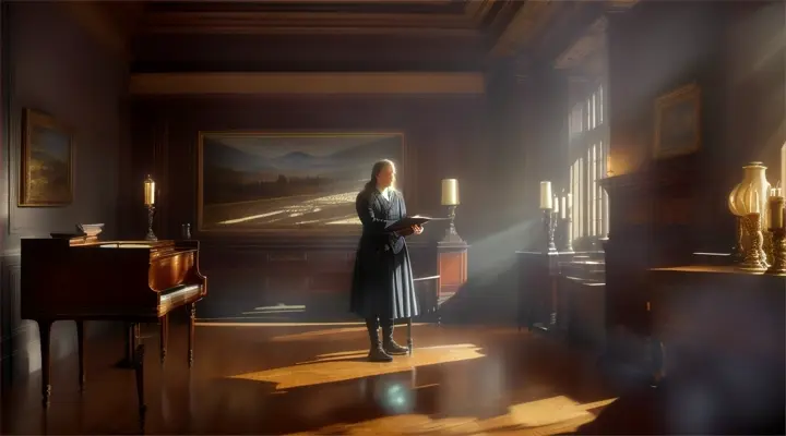 realistic:As the camera zooms out, we see the artist standing in a dimly lit room filled with vintage musical instruments and flickering candles. The atmosphere is mysterious and evocative, setting the stage for the unfolding drama.