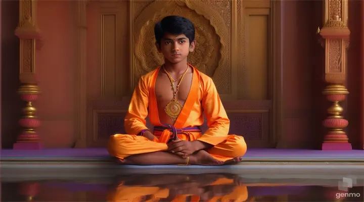 A young hindu 15years old boy wearing orange dress, sitting in lotus position and calm 16:9