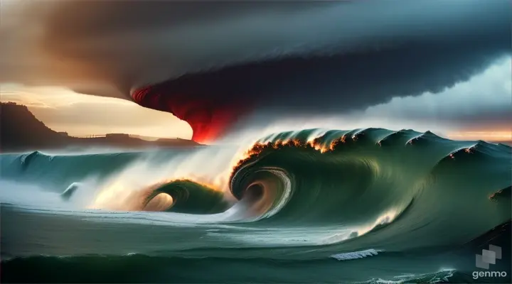 a green tsunami. vortex in sky. red tornado